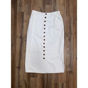 Harvé Benard‎ White Button Front Midi Skirt Cotton Twill High Waist